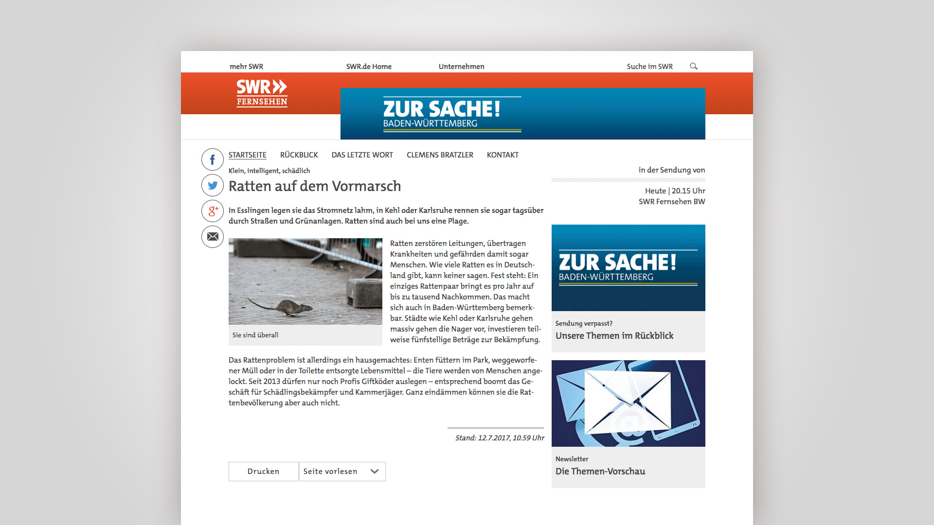 Screenshot des Artikels im SWR, zur Sache! Über Fleschhut Schädlingsbekämpfung