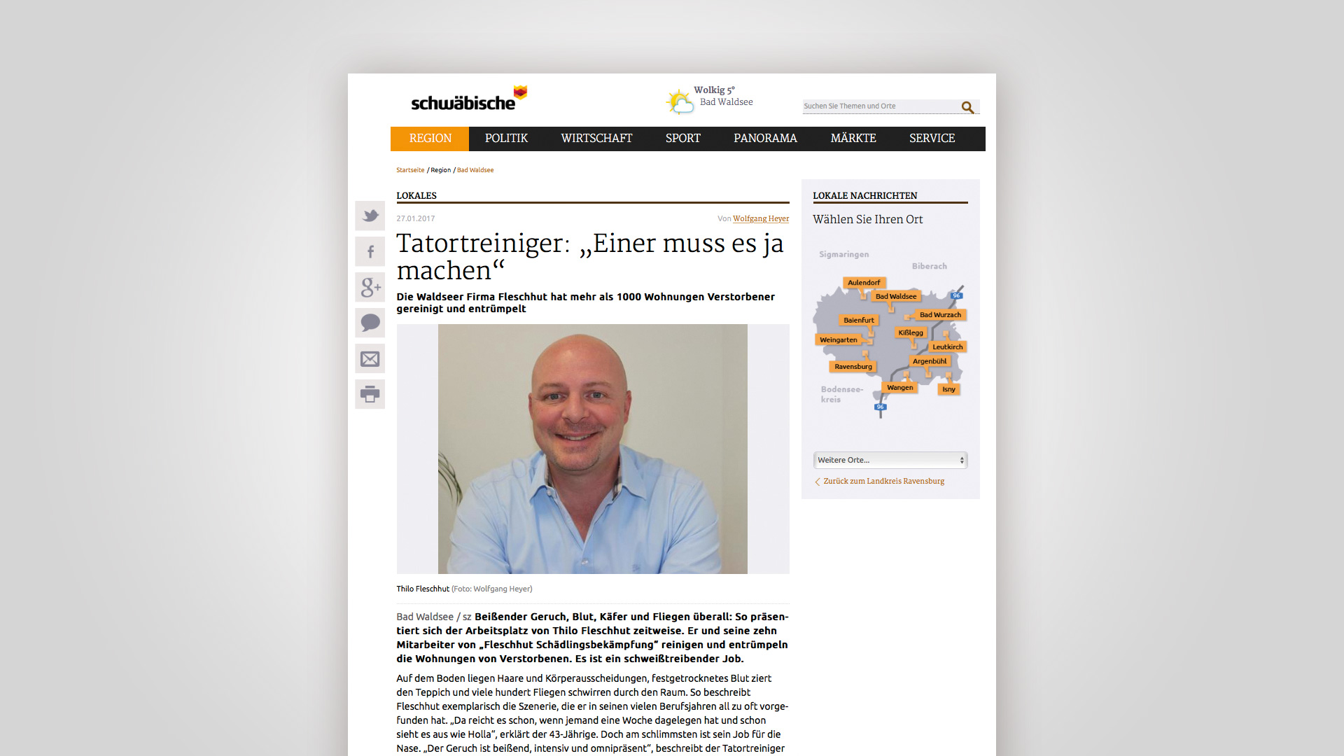 Screenshot des Artikels in der Schwäbischen Zeitung, über Fleschhut Schädlingsbekämpfung