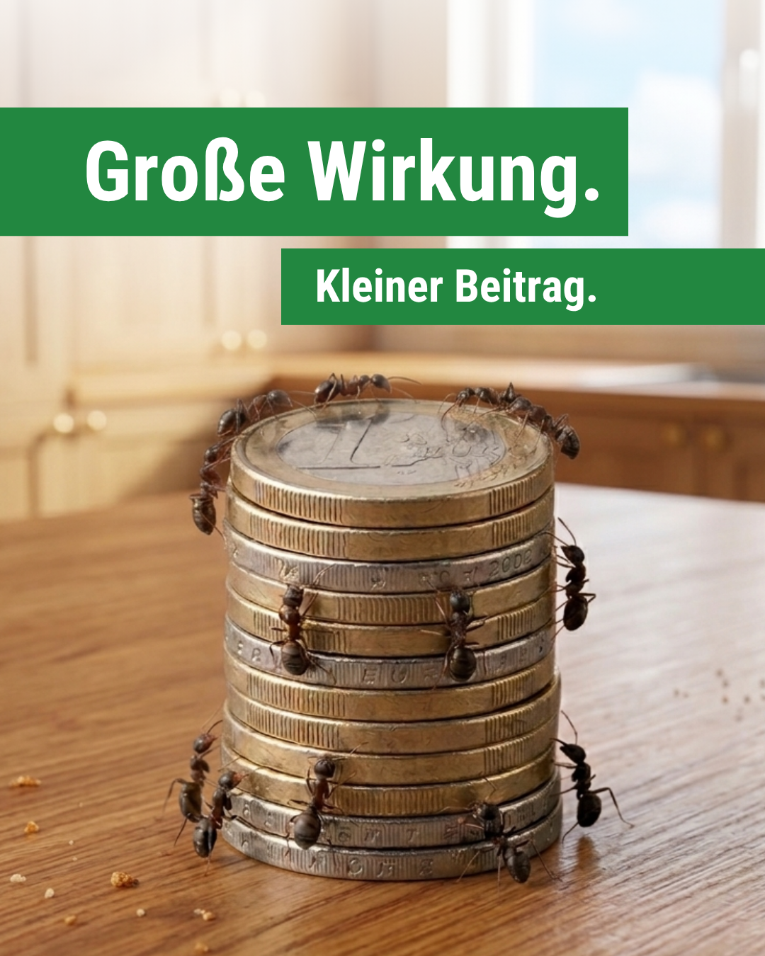 Ein Stapel Ein- und Zwei-Euro-Münzen auf dem Ameisen herumklettern. Oben steht groß der Slogan "Große Wirkung. Kleiner Betrag."